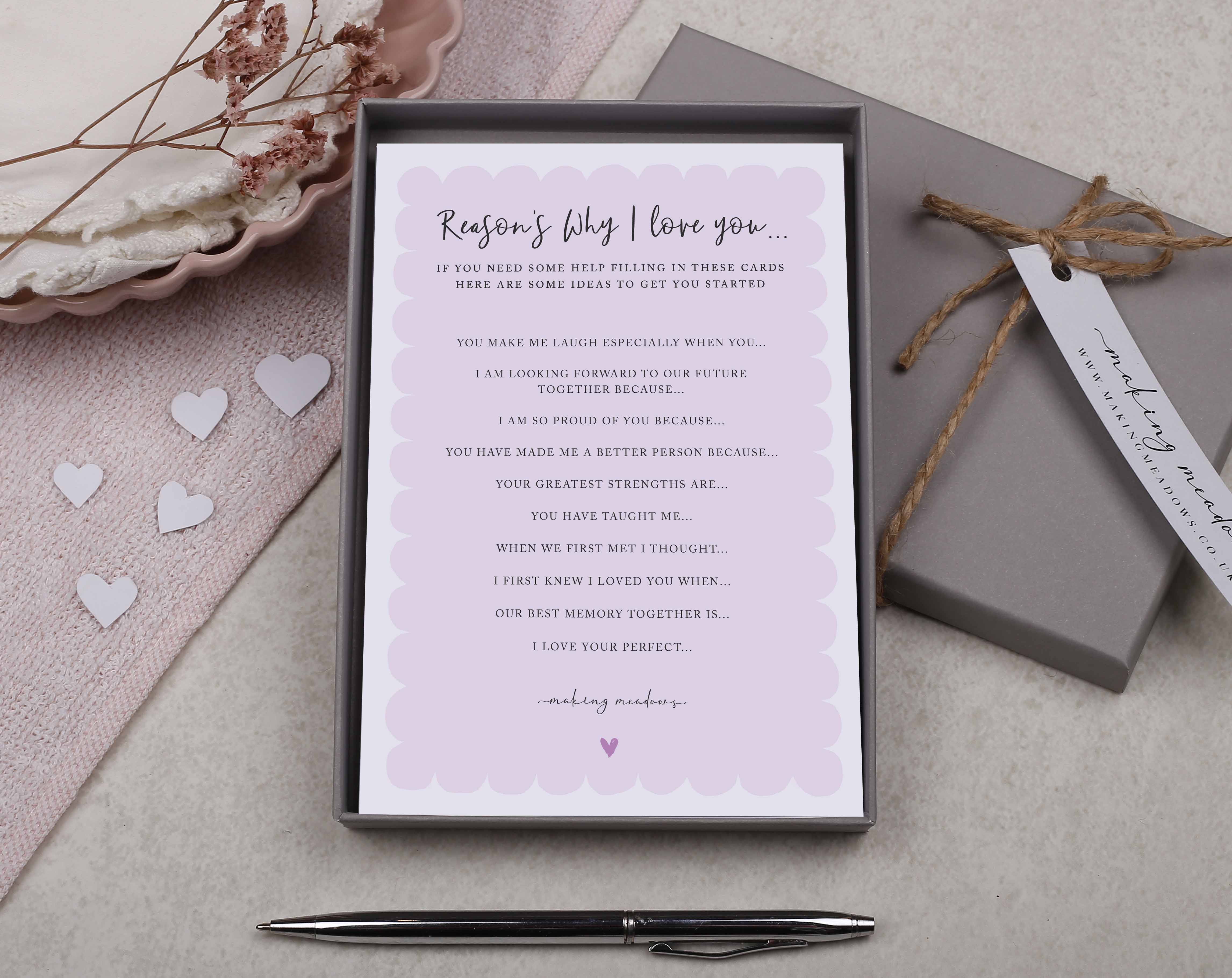 Pink Reason's Why I Love You Gift Box. Stationery designed by Making Meadows