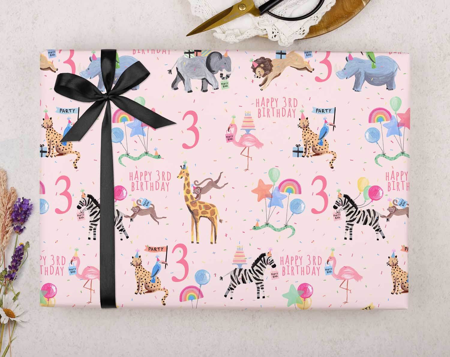 Pink Safari Animal 3rd Birthday Wrapping Paper. Wrapping Paper designed by Making Meadows