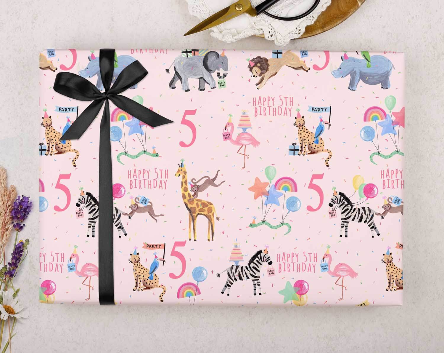 Pink Safari Animal 5th Birthday Wrapping Paper. Wrapping Paper designed by Making Meadows