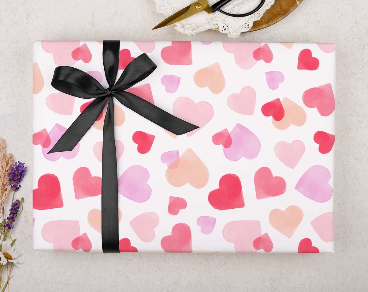 Pink watercolour heart wrapping paper. Wrapping Paper designed by Making Meadows