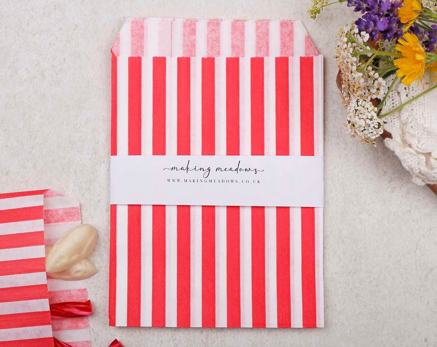 Red Candy Stripe Paper Treat Bags. Party Favors designed by Making Meadows