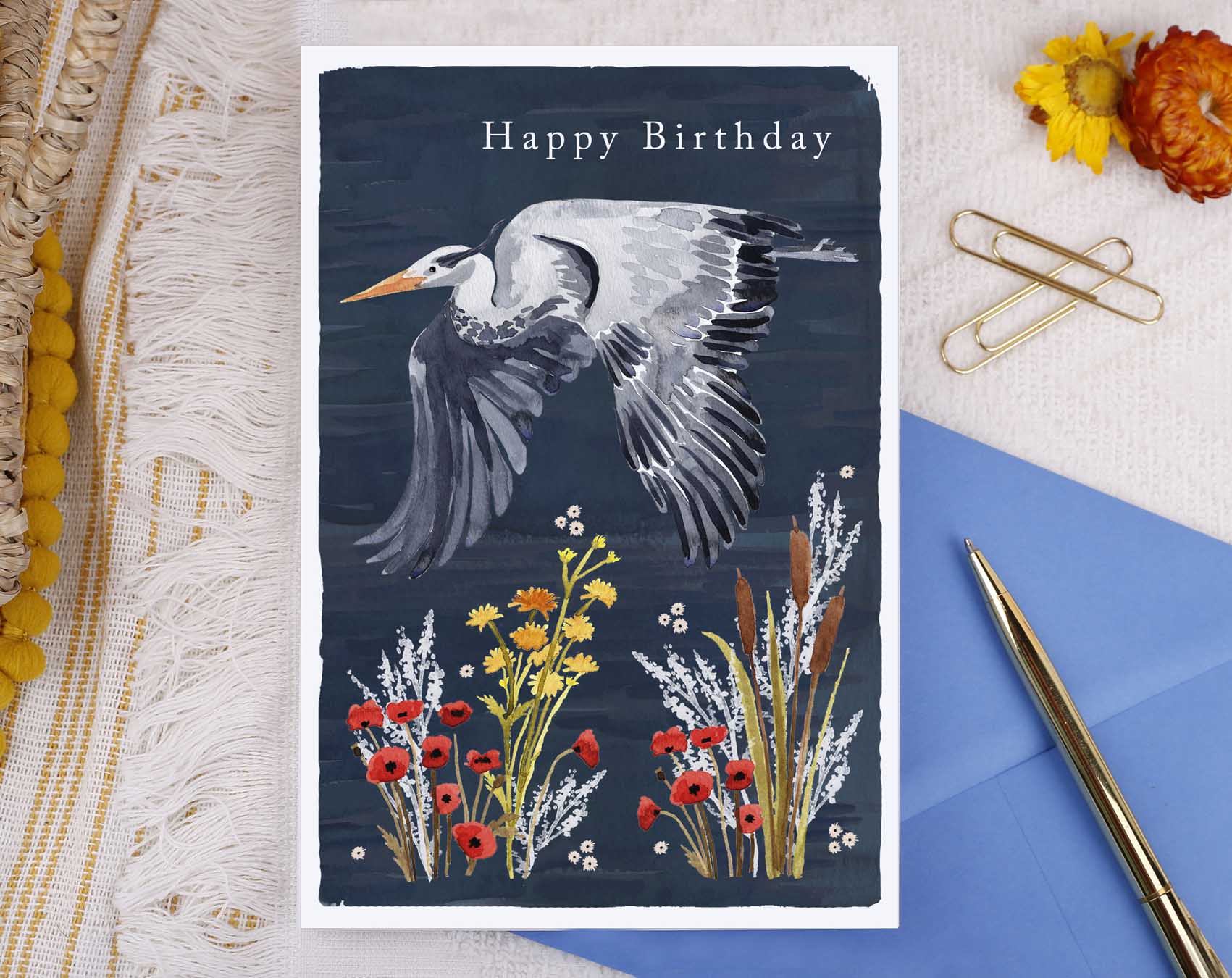 River Wey Happy Birthday Heron Card. Greeting & Note Cards designed by Making Meadows