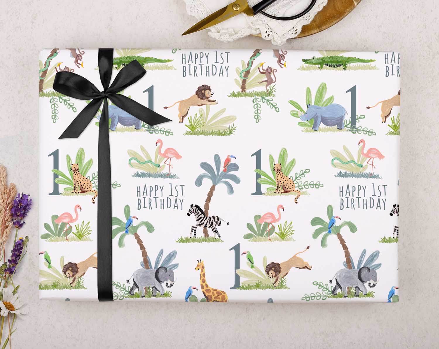 Safari Animal 1st Birthday Wrapping Paper. Wrapping Paper designed by Making Meadows
