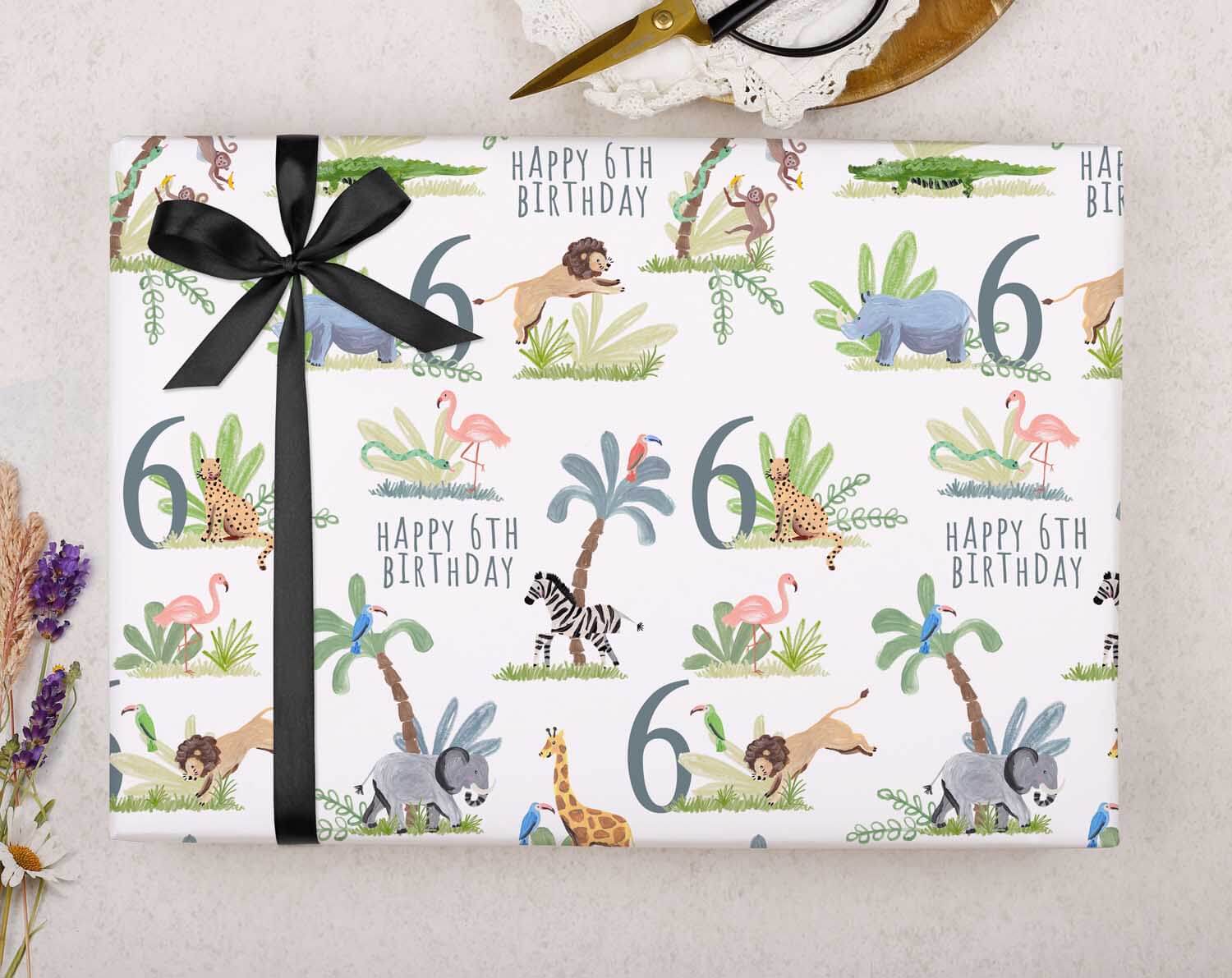 Safari Animal 6th Birthday Wrapping Paper. Wrapping Paper designed by Making Meadows
