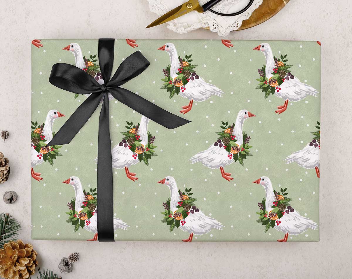 Sage green traditional geese wrapping paper. Wrapping Paper designed by Making Meadows