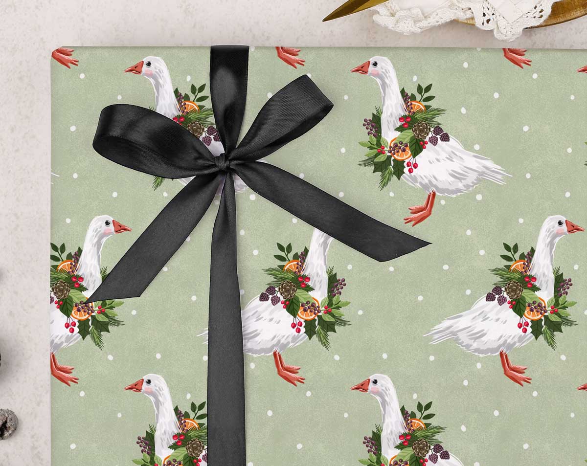 Sage green traditional geese wrapping paper. Wrapping Paper designed by Making Meadows