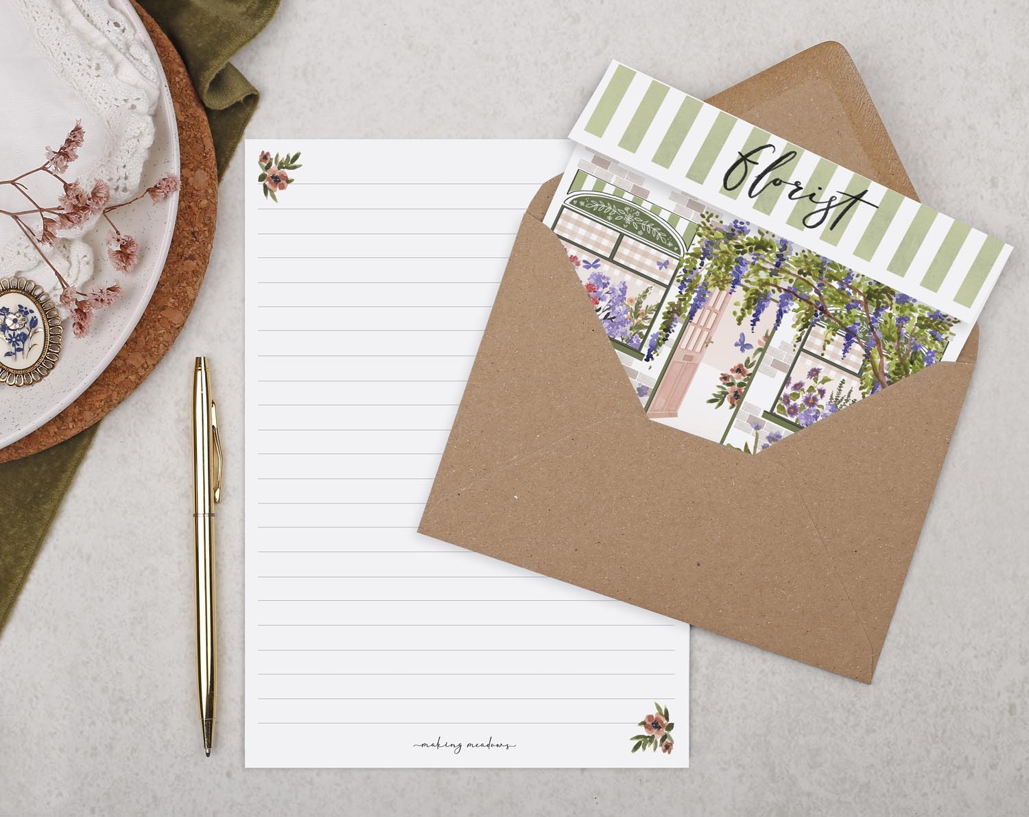 Shop Front A5 Writing Paper in Green. Stationery designed by Making Meadows