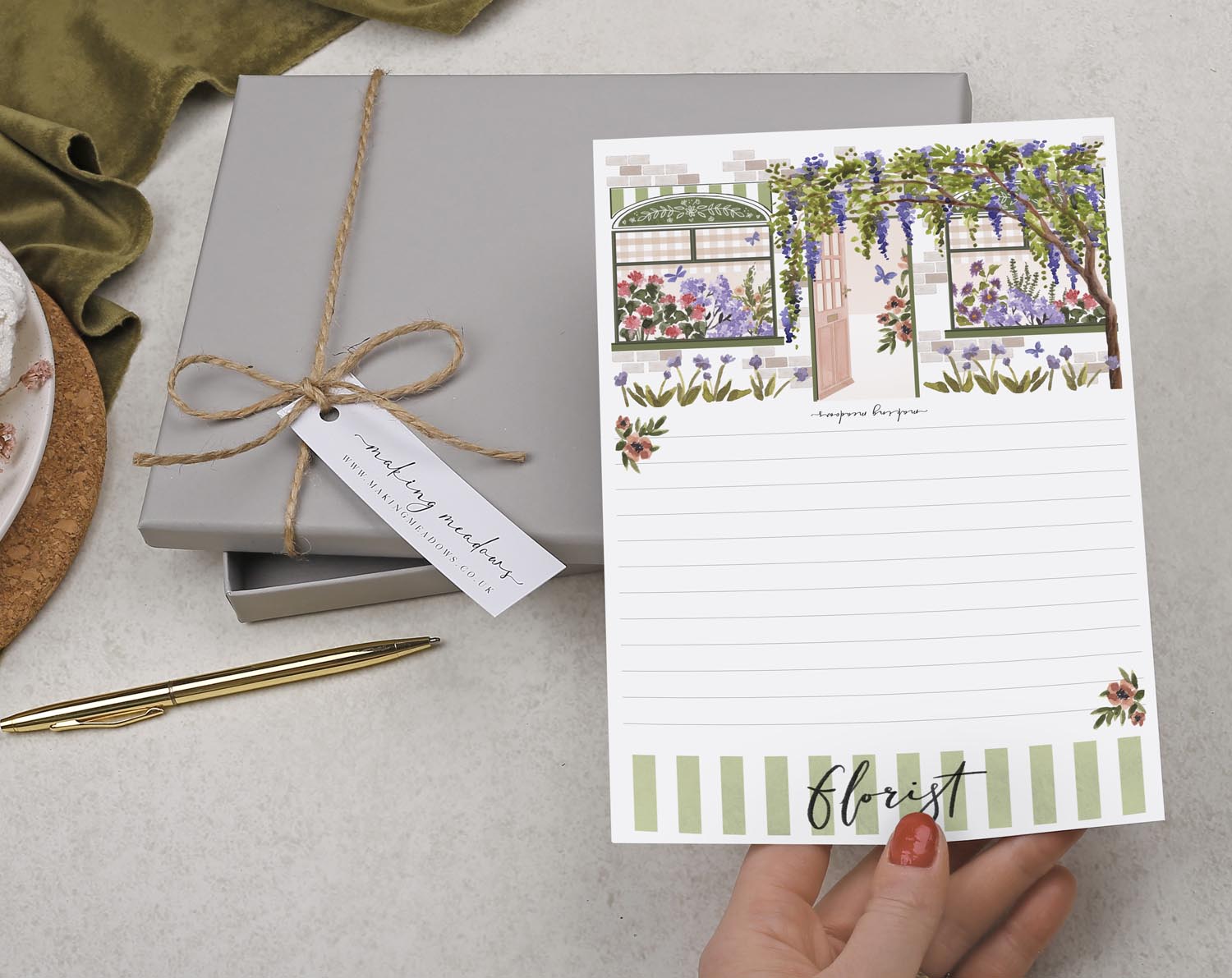 Shop Front A5 Writing Paper in Green. Stationery designed by Making Meadows