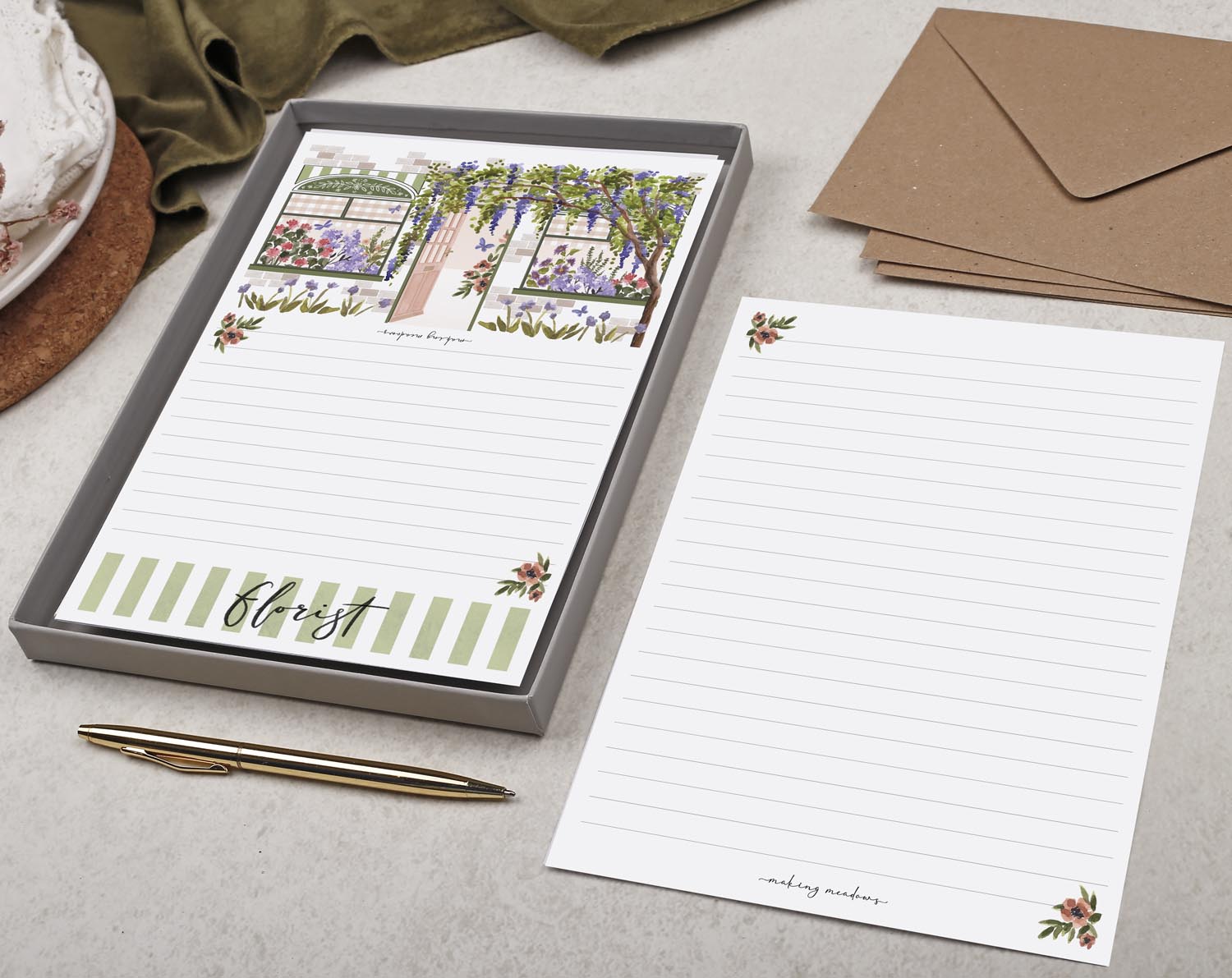Shop Front A5 Writing Paper in Green. Stationery designed by Making Meadows