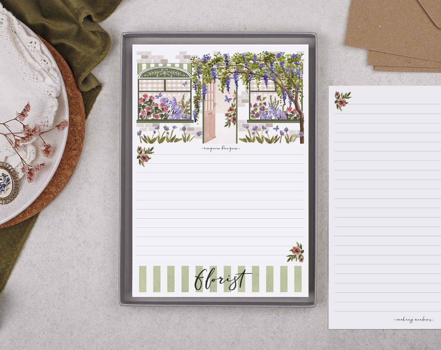 Shop Front A5 Writing Paper in Green. Stationery designed by Making Meadows