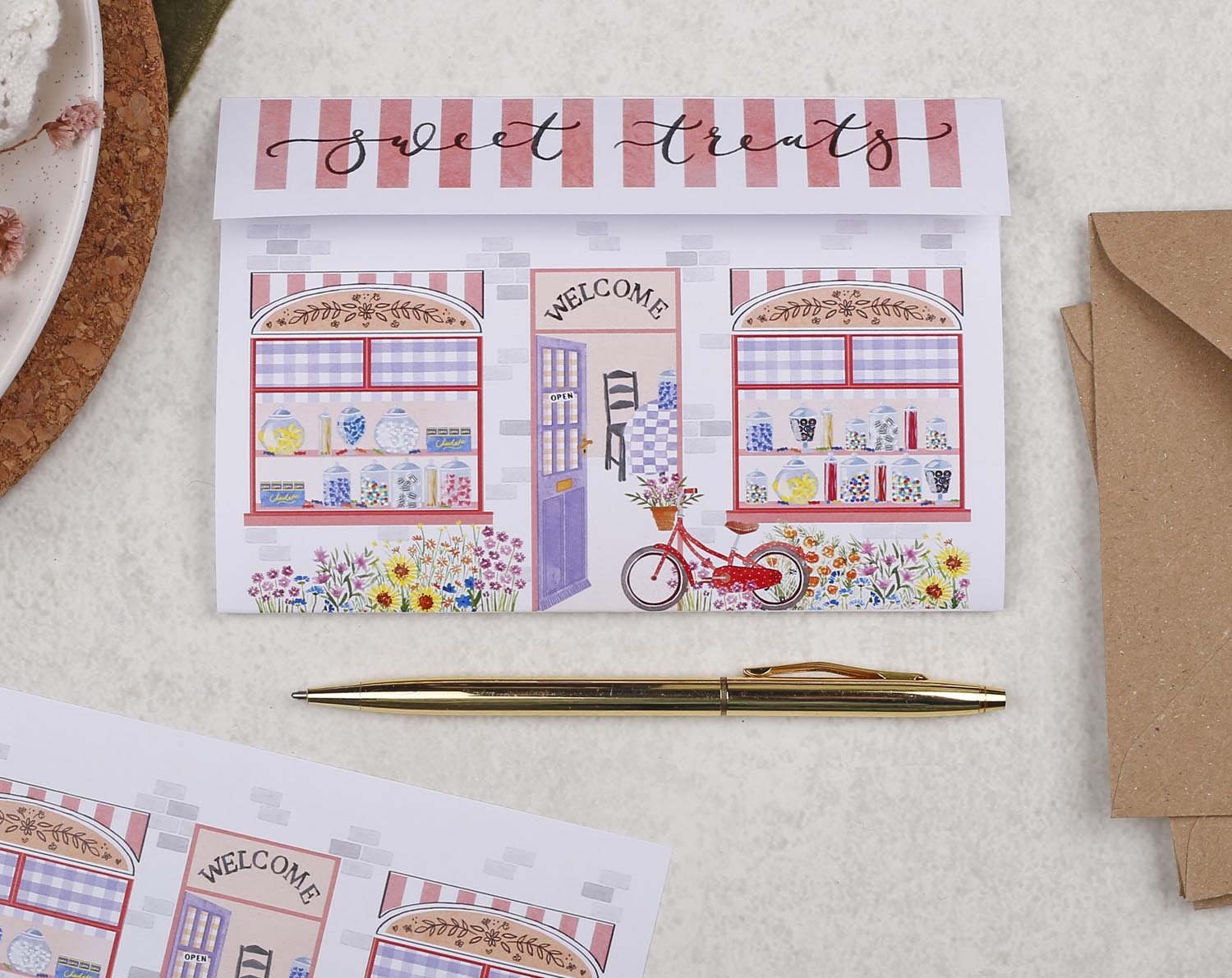 Shop Front A5 Writing Paper in Pink. Stationery designed by Making Meadows