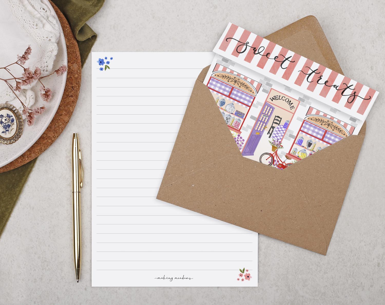 Shop Front A5 Writing Paper in Pink. Stationery designed by Making Meadows