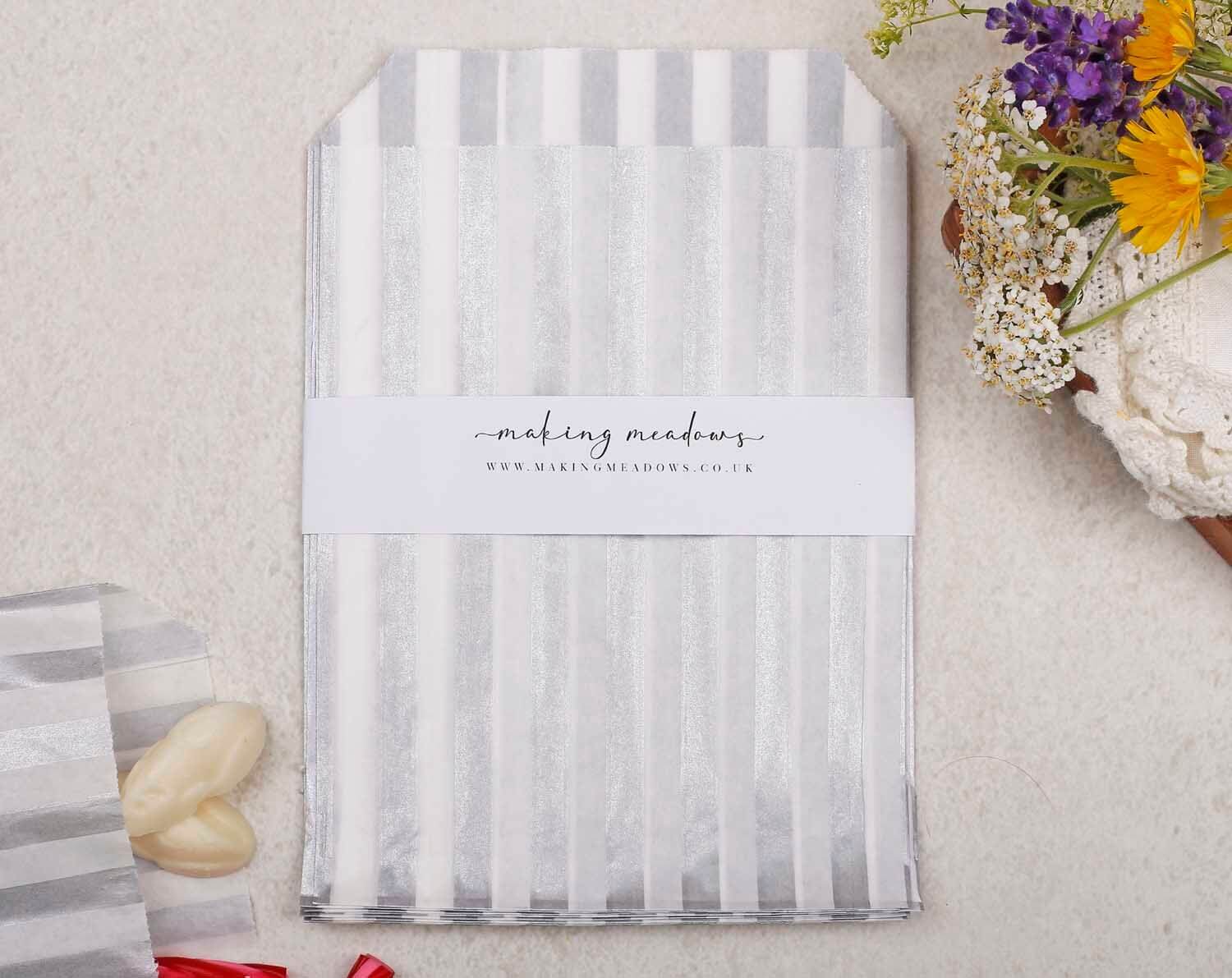 Silver Candy Stripe Paper Treat Bags. Gift Bags designed by Making Meadows