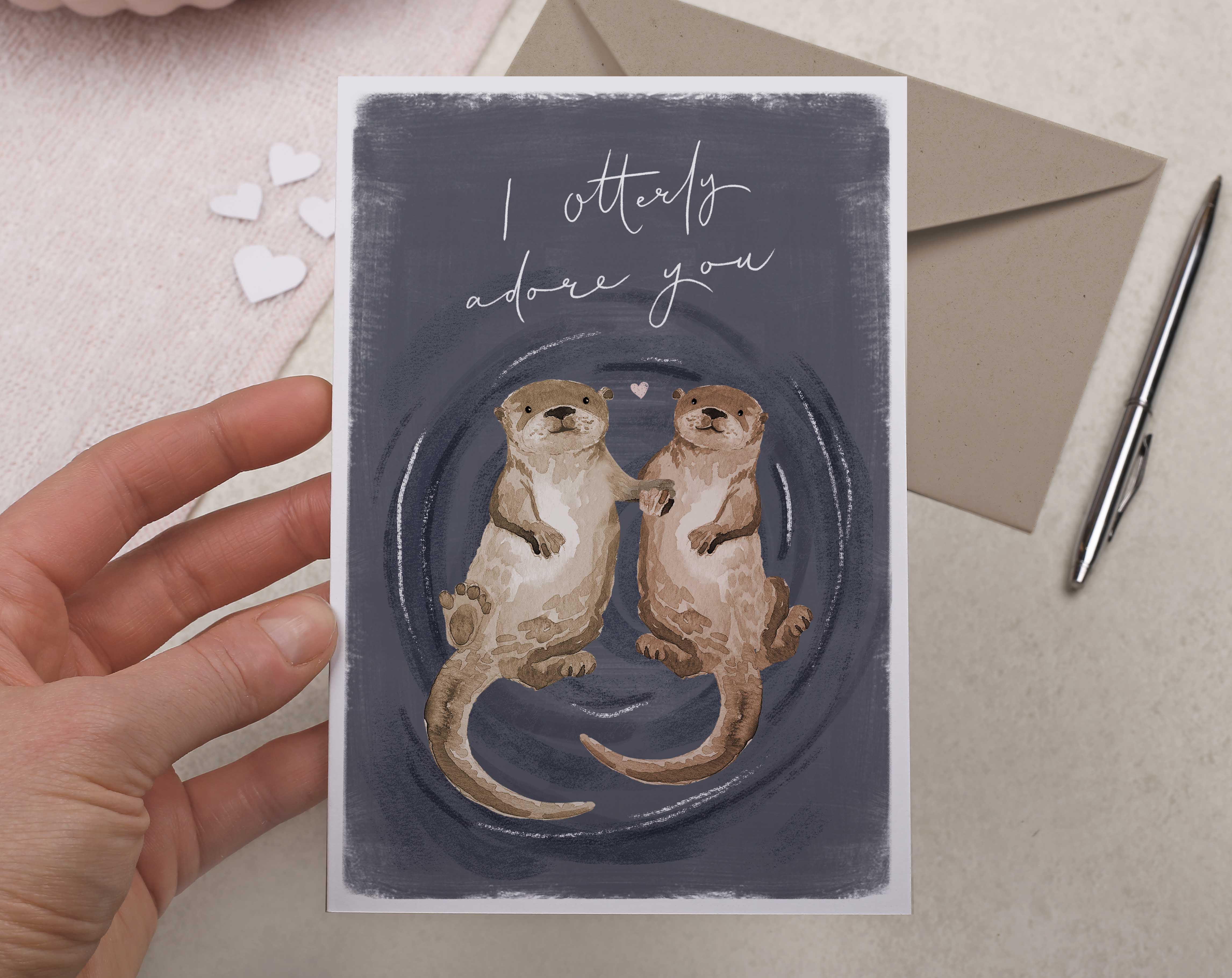 Otters Holding Hands Valentine Card. Greeting & Note Cards designed by Making Meadows