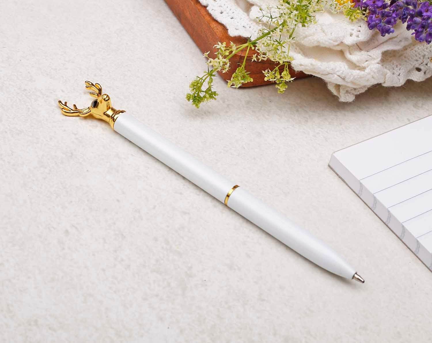 White & Gold Ballpoint Pen With Stag Head. Pens designed by Making Meadows