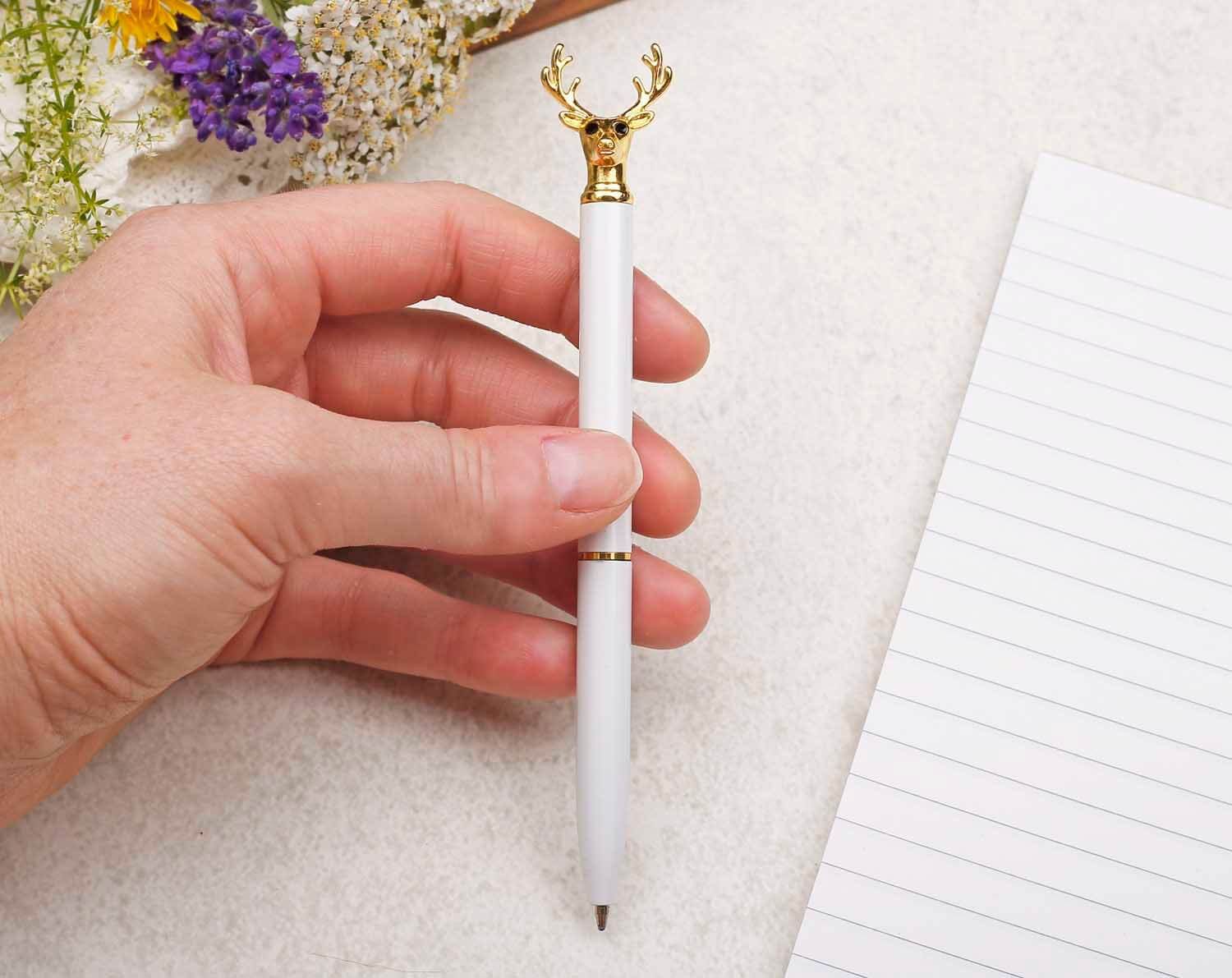 White & Gold Ballpoint Pen With Stag Head. Pens designed by Making Meadows