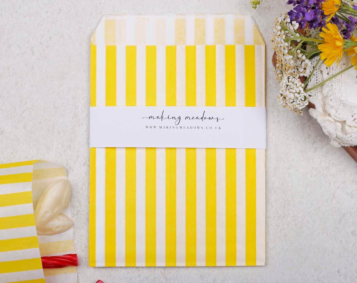 Yellow Candy Stripe Paper Treat Bags. Gift Bags designed by Making Meadows
