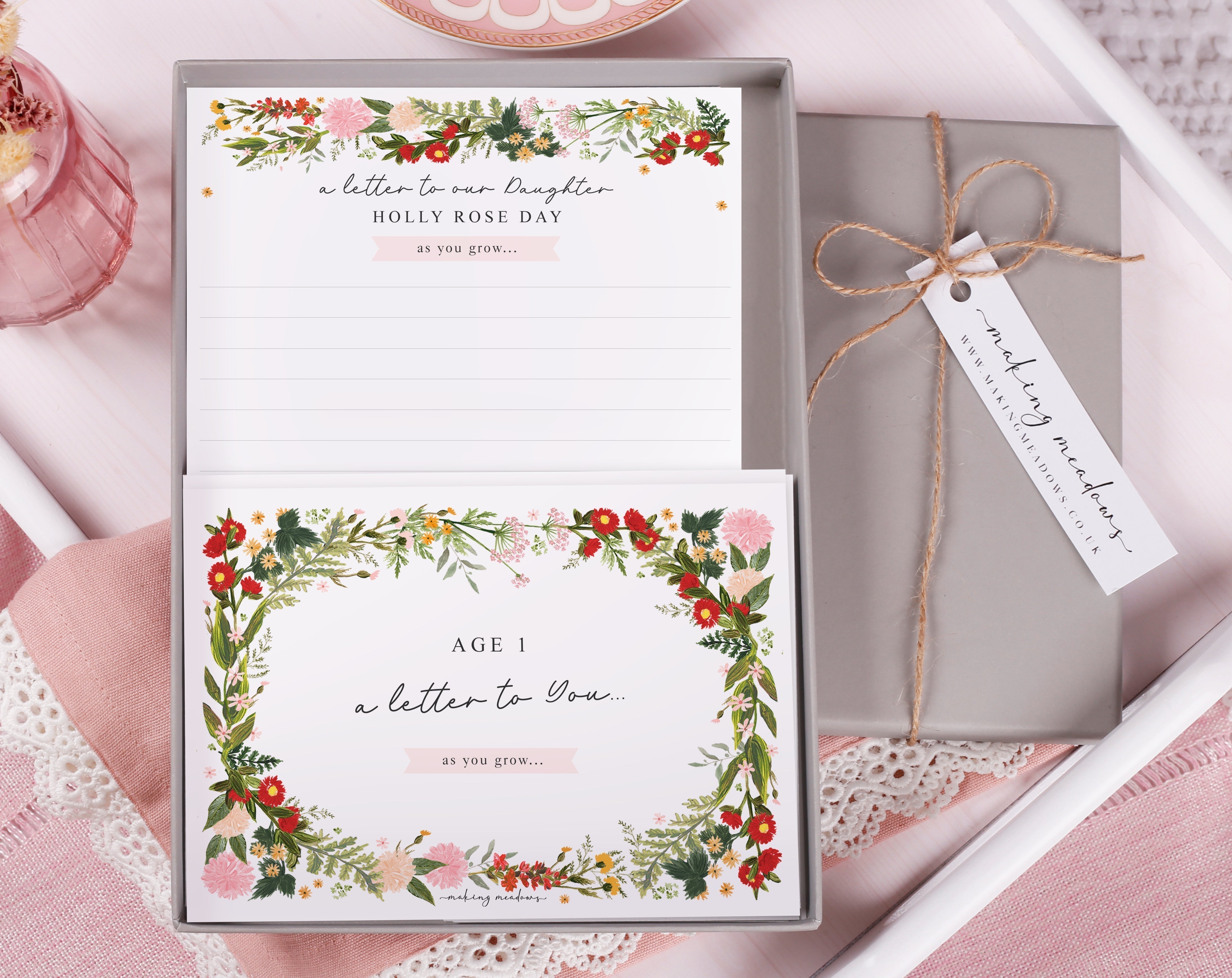 New Baby Writing Paper Sets, A Meaningful Keepsake Gift featuring floral designed stationery in a gift box.