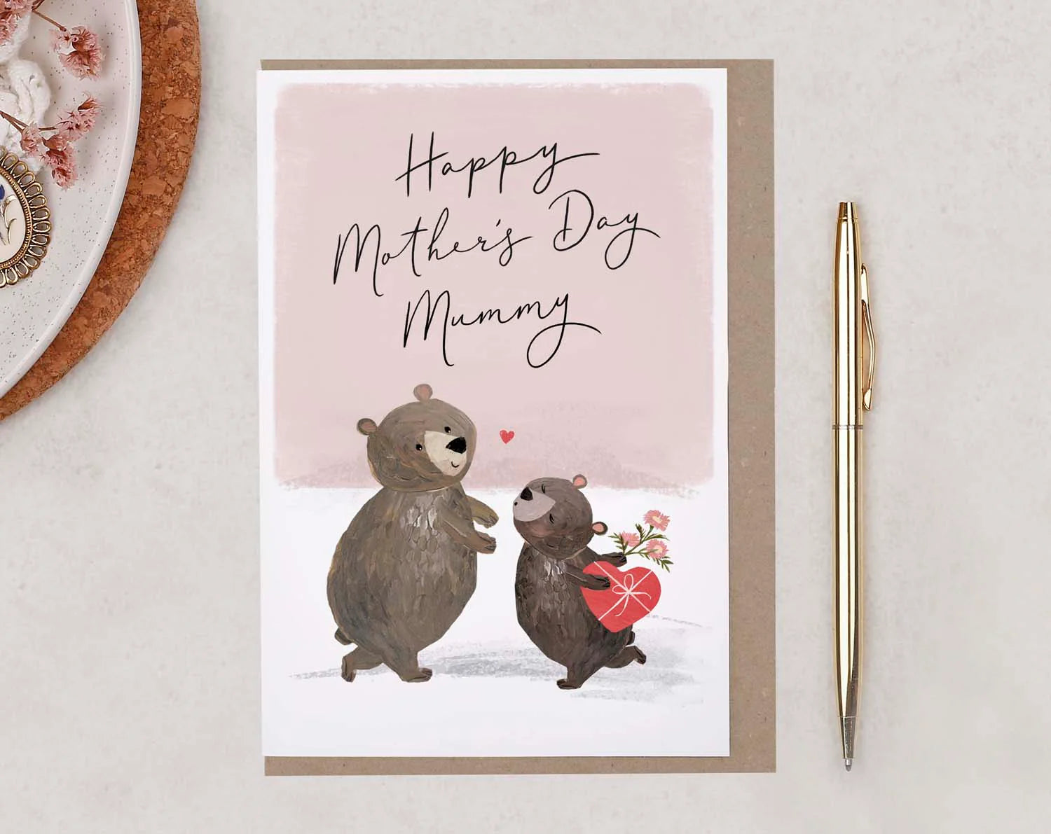 bear happy mothers day card with pink background