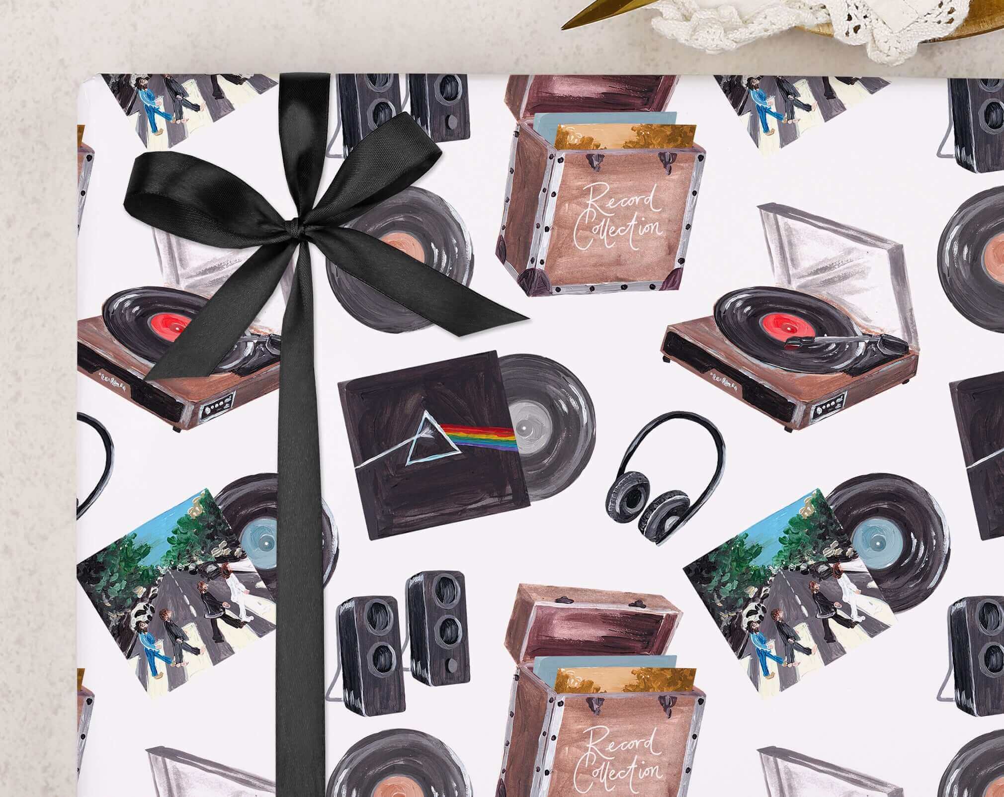 Wrapping Paper For Dad featuring a music and vinyl theme with headphones and records, perfect for Father's Day gifts.
