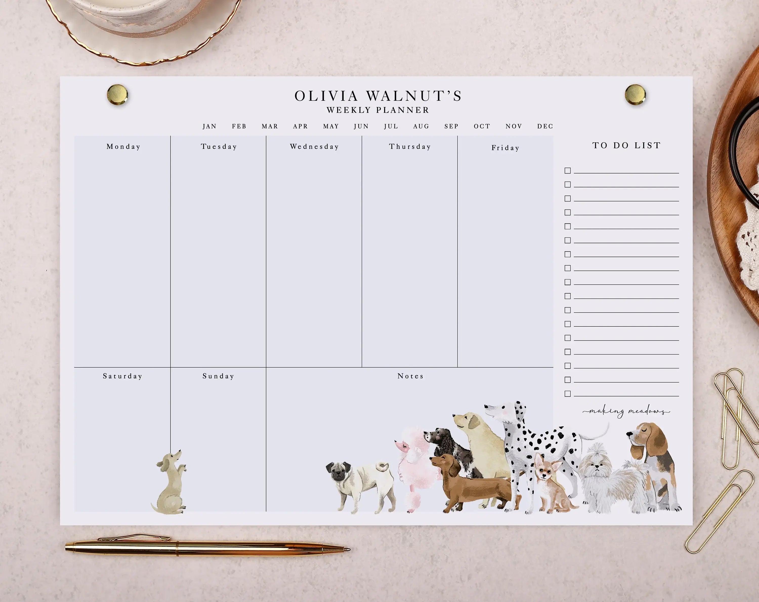Weekly planner featuring adorable dogs and a to-do list, promoting effective organisation gifts.