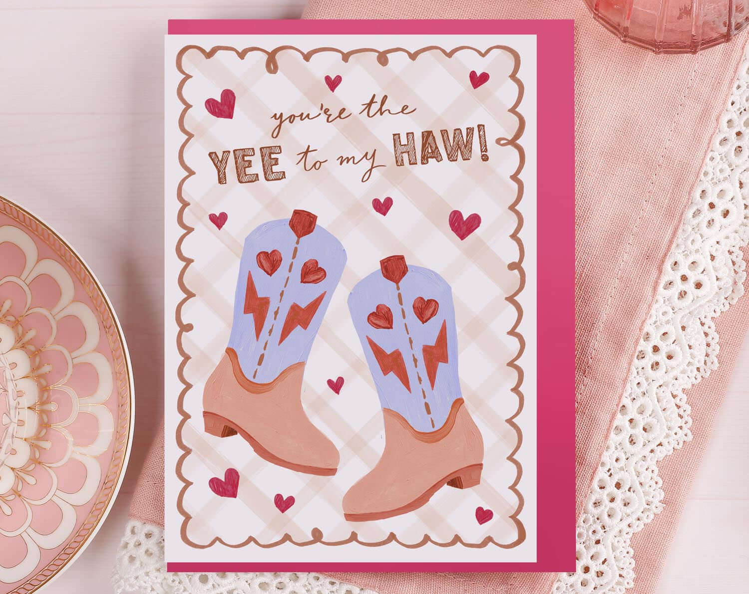 I Heart You Valentines Day Cards featuring illustration of cowboy boots with hearts and text 'you're the YEE to my HAW!'. 