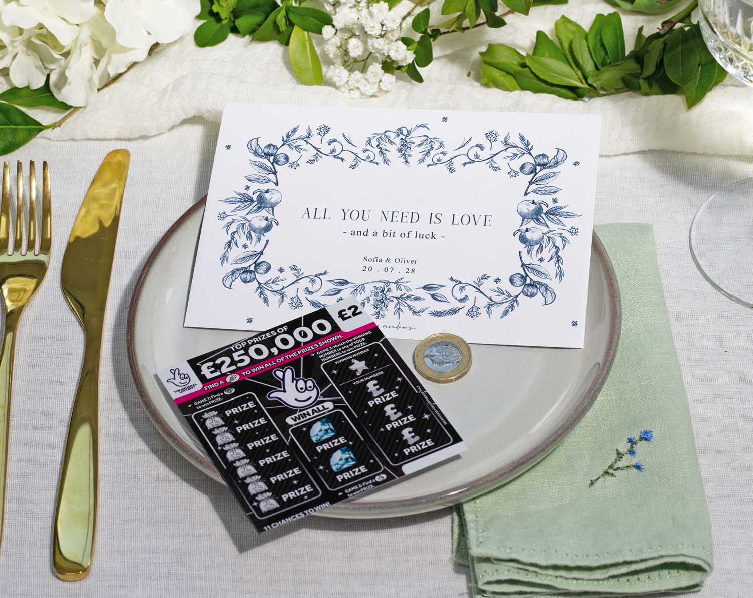 Scratch Card Envelopes for Wedding Favours placed elegantly on a dinner plate, alongside a heartfelt card and decorations.