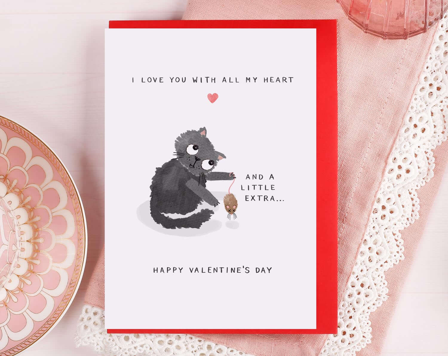 Pancake The Cat Valentines Day Cards featuring a cute black cat saying I love you with all my heart and a little extra.