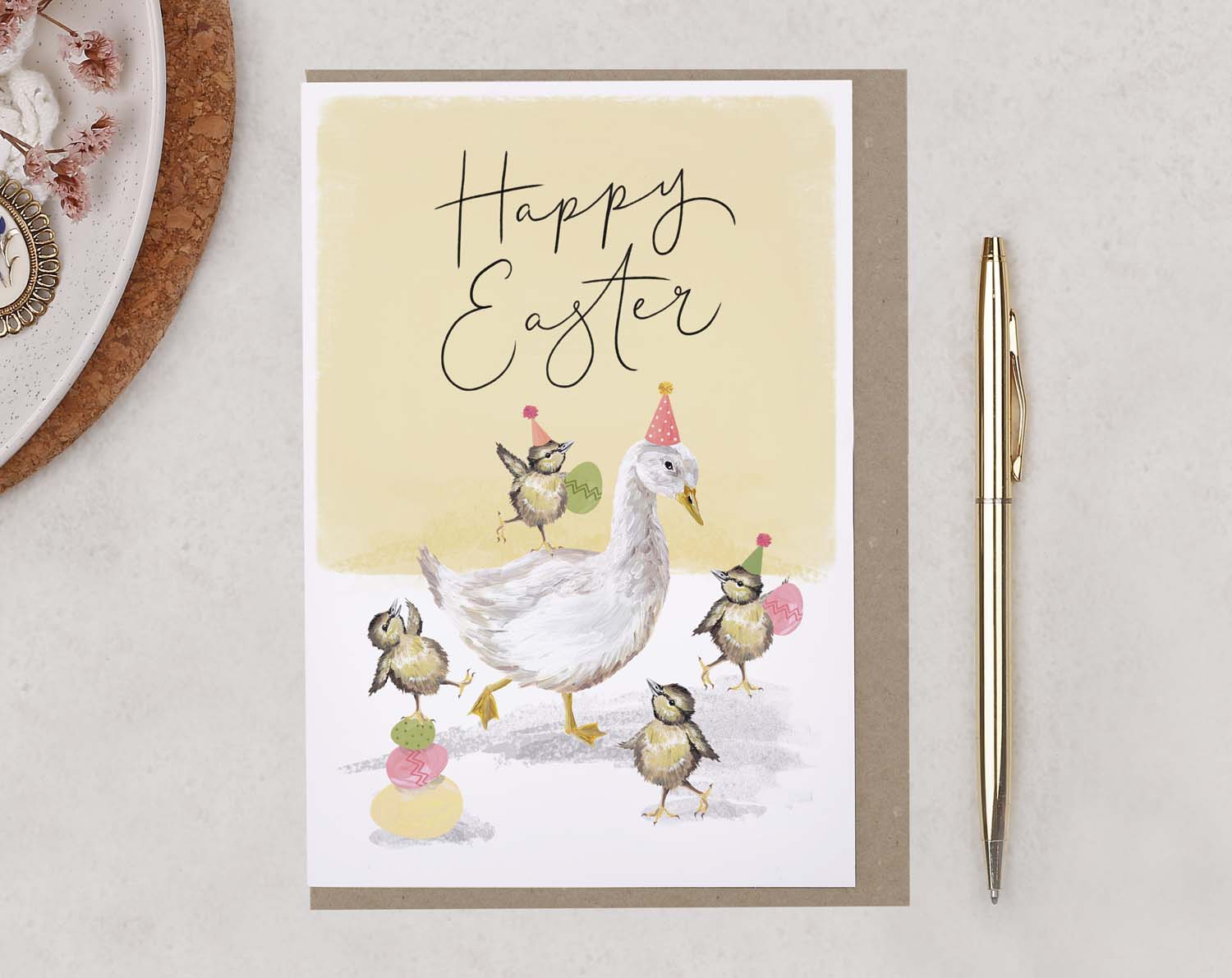 happy easter greeting card with duckling and goose