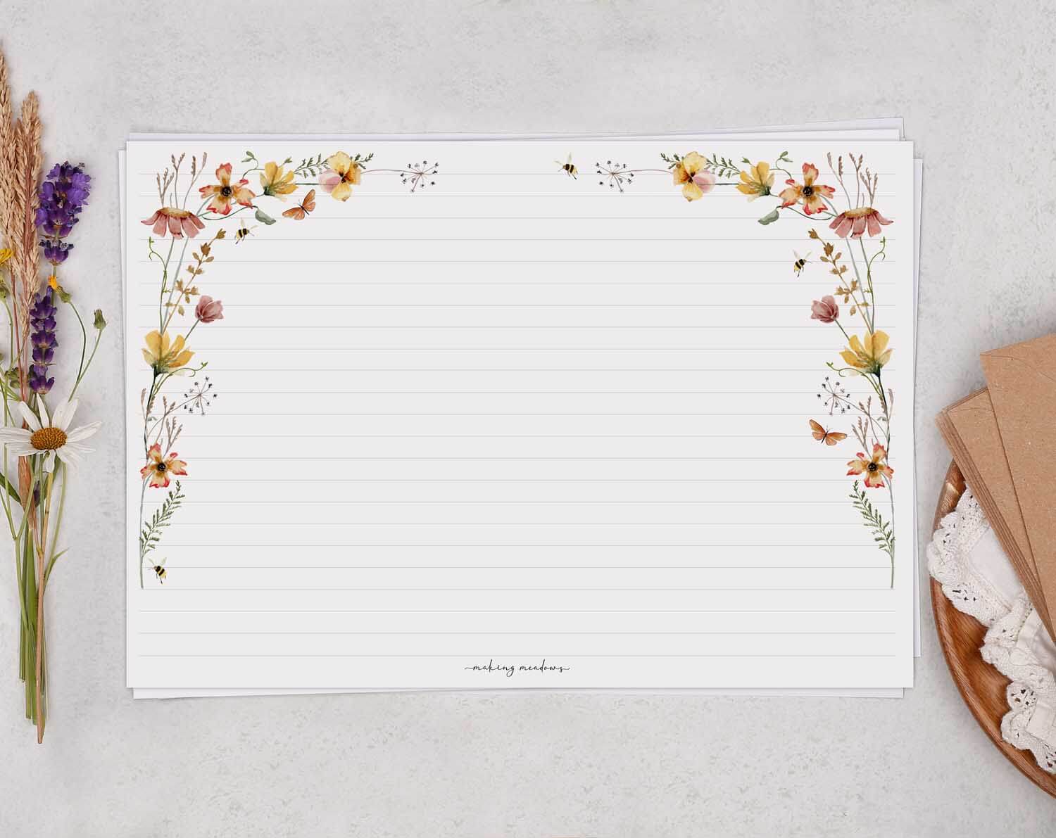 A4 Landscape Writing Paper With Autumn Flowers. Stationery designed by Making Meadows