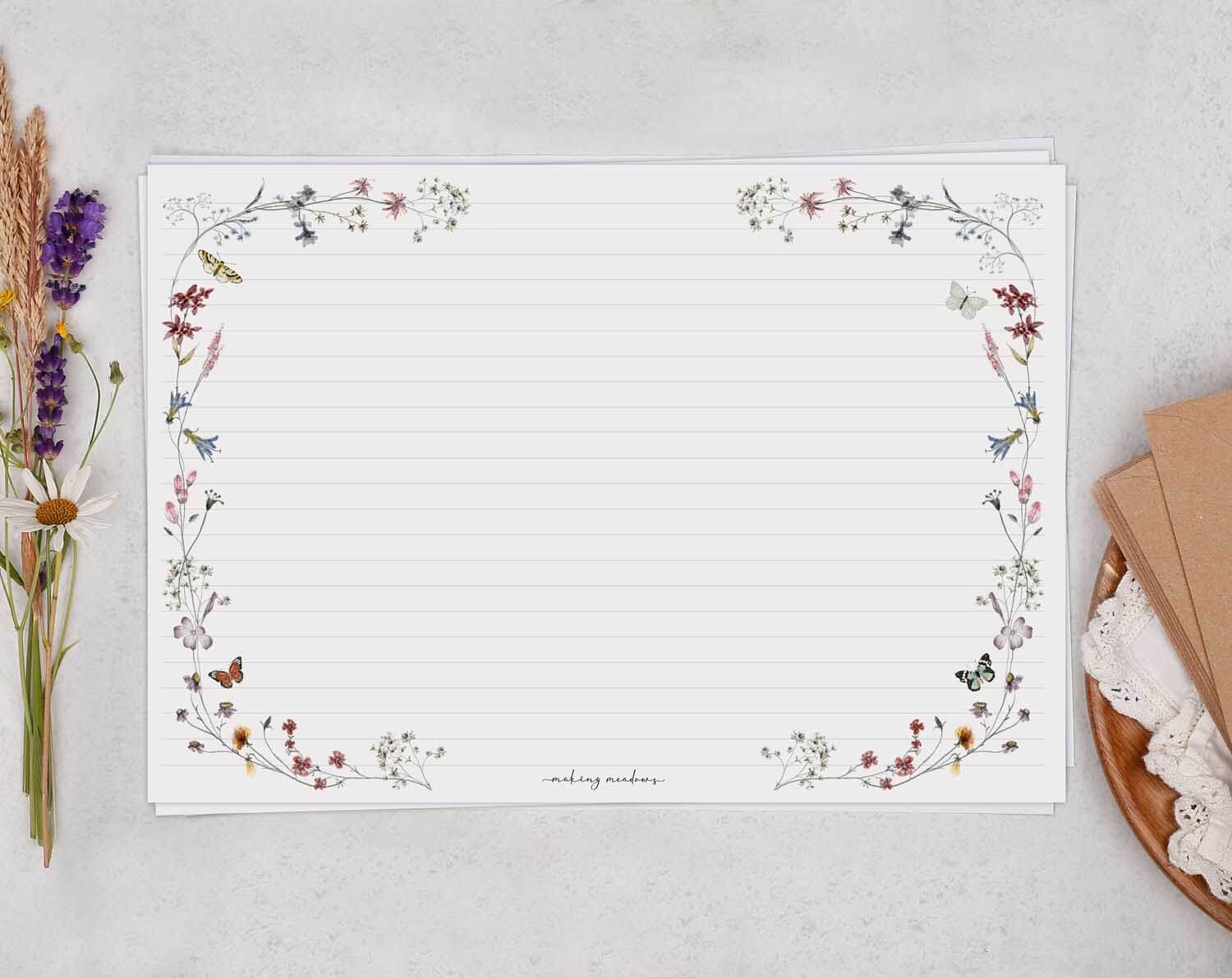 A4 Landscape Writing Paper With Butterfly Florals. Stationery designed by Making Meadows