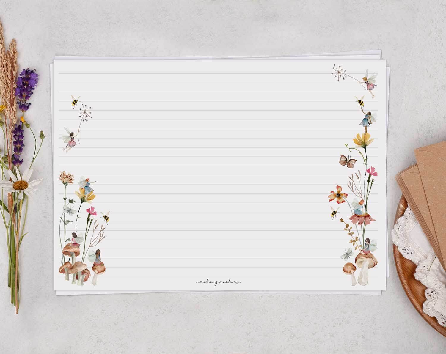 A4 Landscape Writing Paper With Fairy & Flowers. Stationery designed by Making Meadows