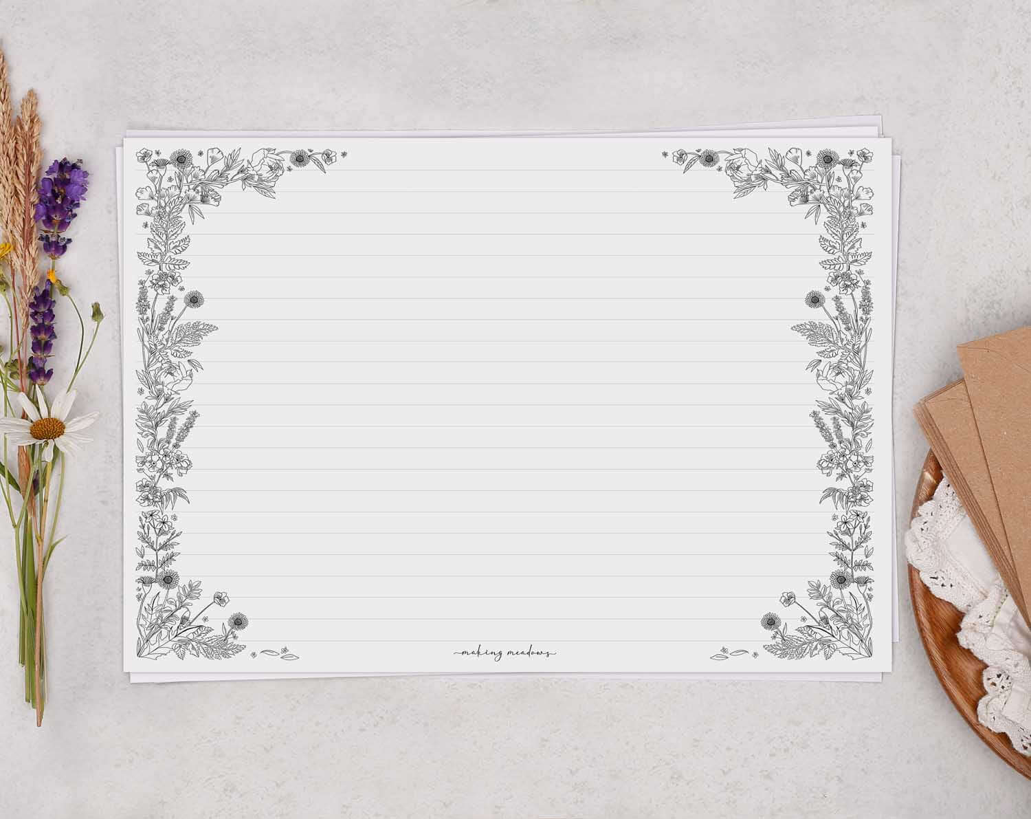 A4 Landscape Writing Paper With Monochrome Flowers. Stationery designed by Making Meadows