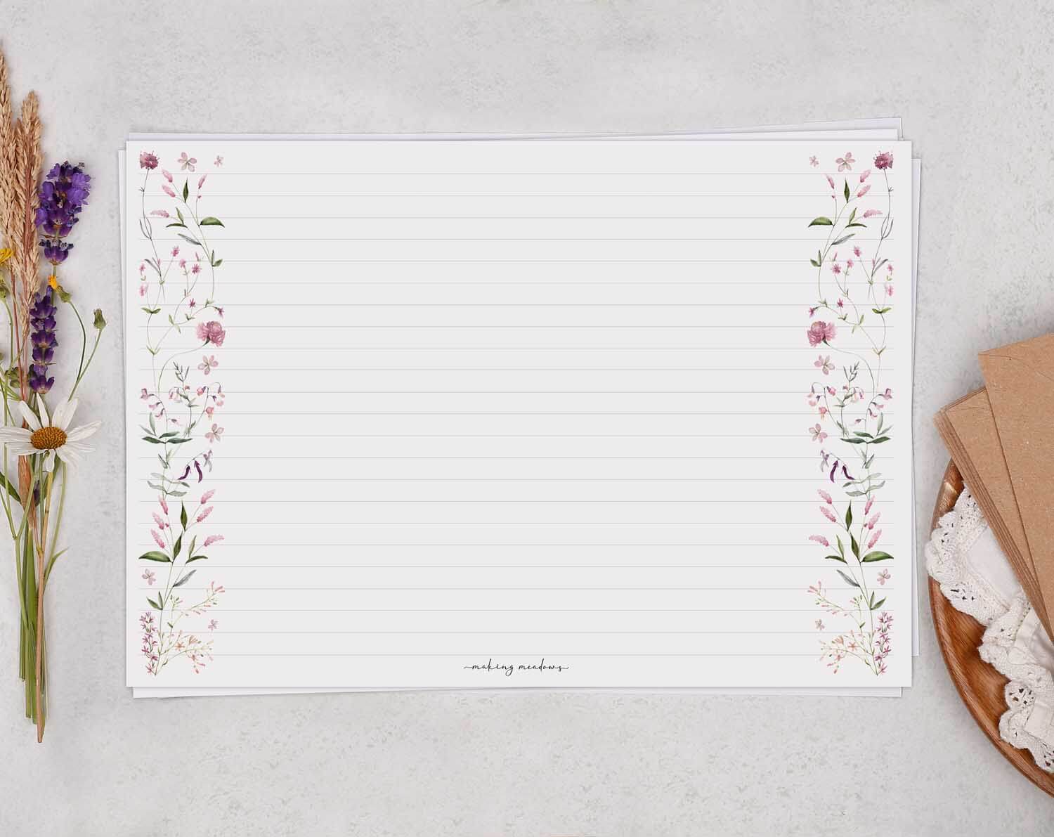 A4 Landscape Writing Paper With Pink Florals. Stationery designed by Making Meadows
