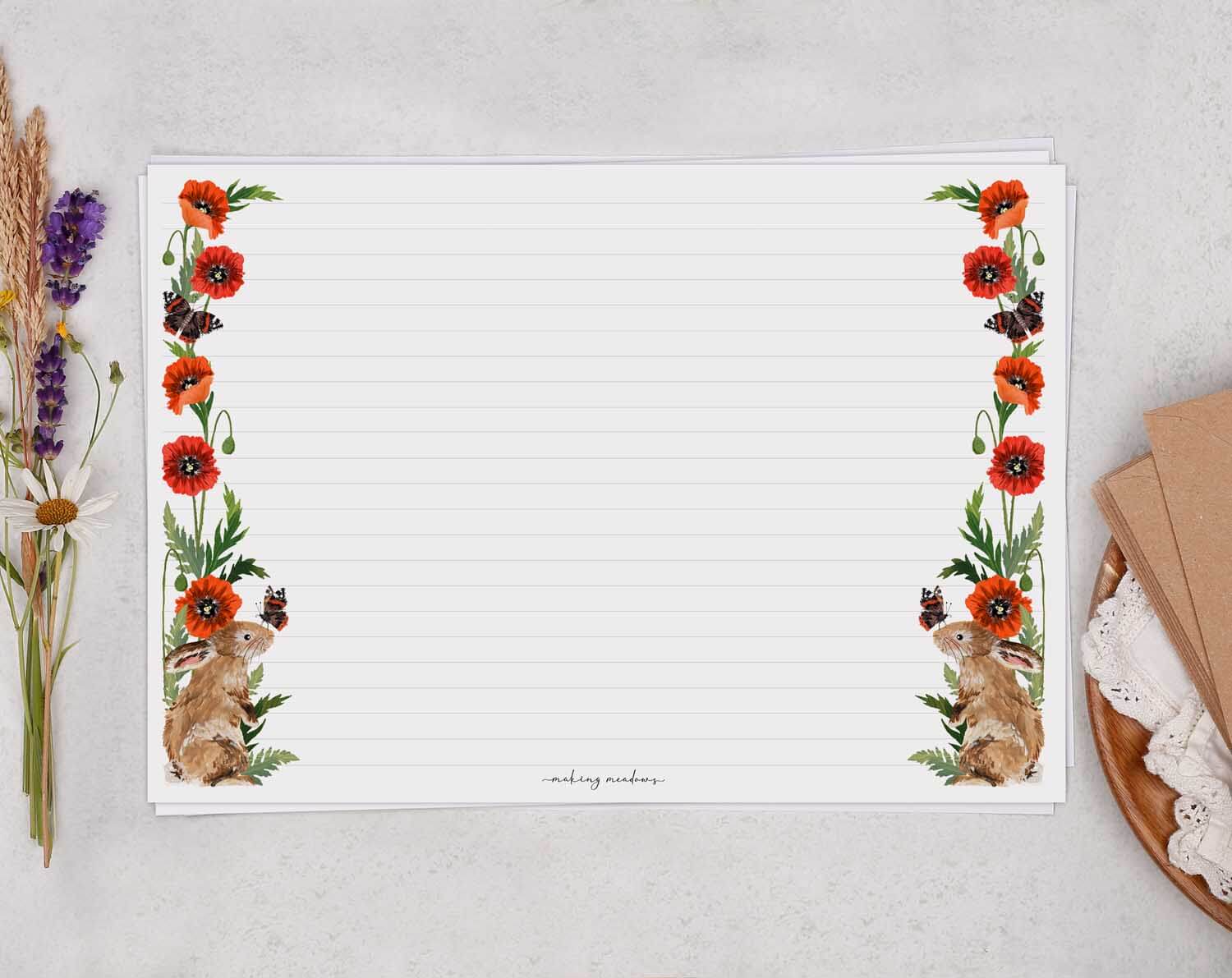 A4 Landscape Writing Paper With Rabbit & Poppy. Stationery designed by Making Meadows