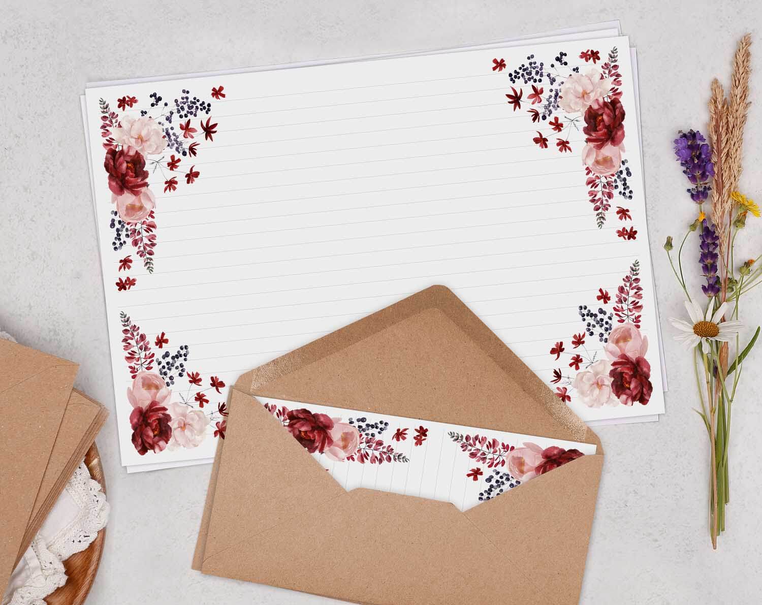 A4 Landscape Writing Paper With Red Flowers. Stationery designed by Making Meadows