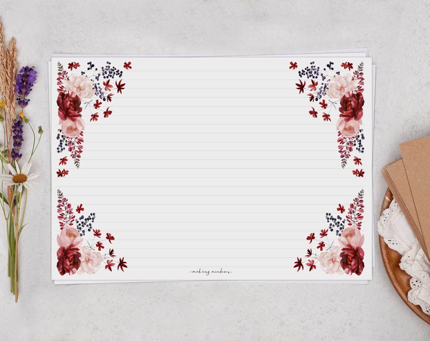 A4 Landscape Writing Paper With Red Flowers. Stationery designed by Making Meadows