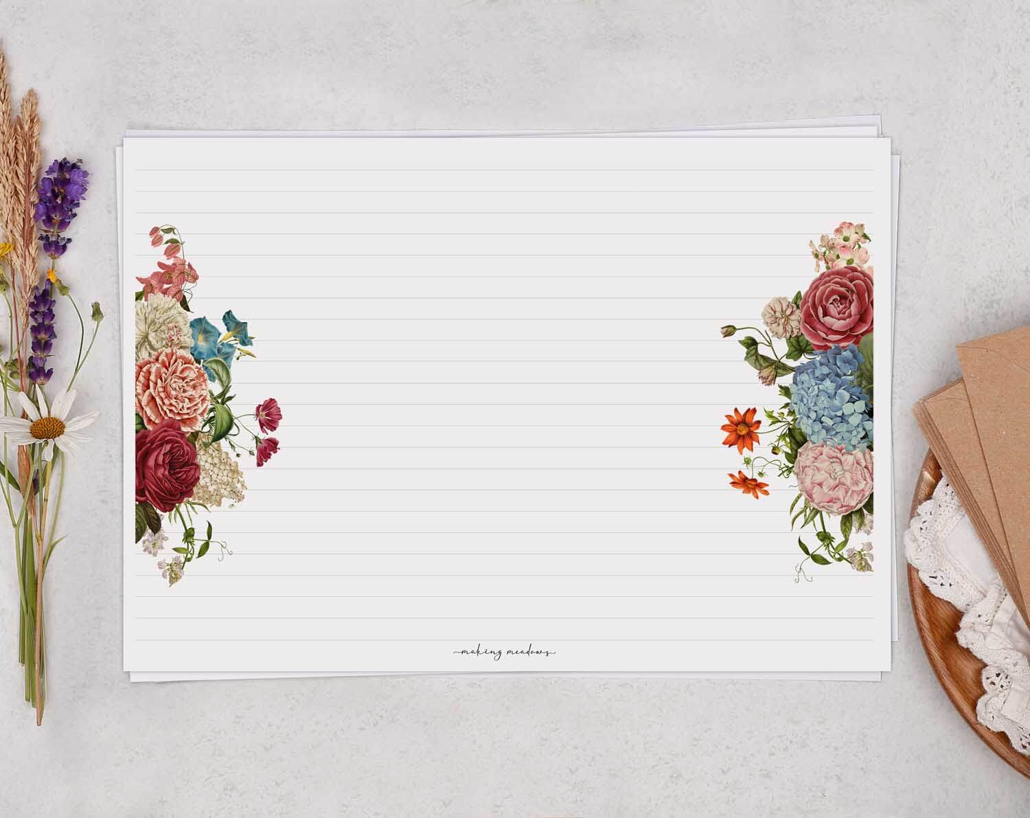 A4 Landscape Writing Paper With Vintage Floral Bouquet. Stationery designed by Making Meadows