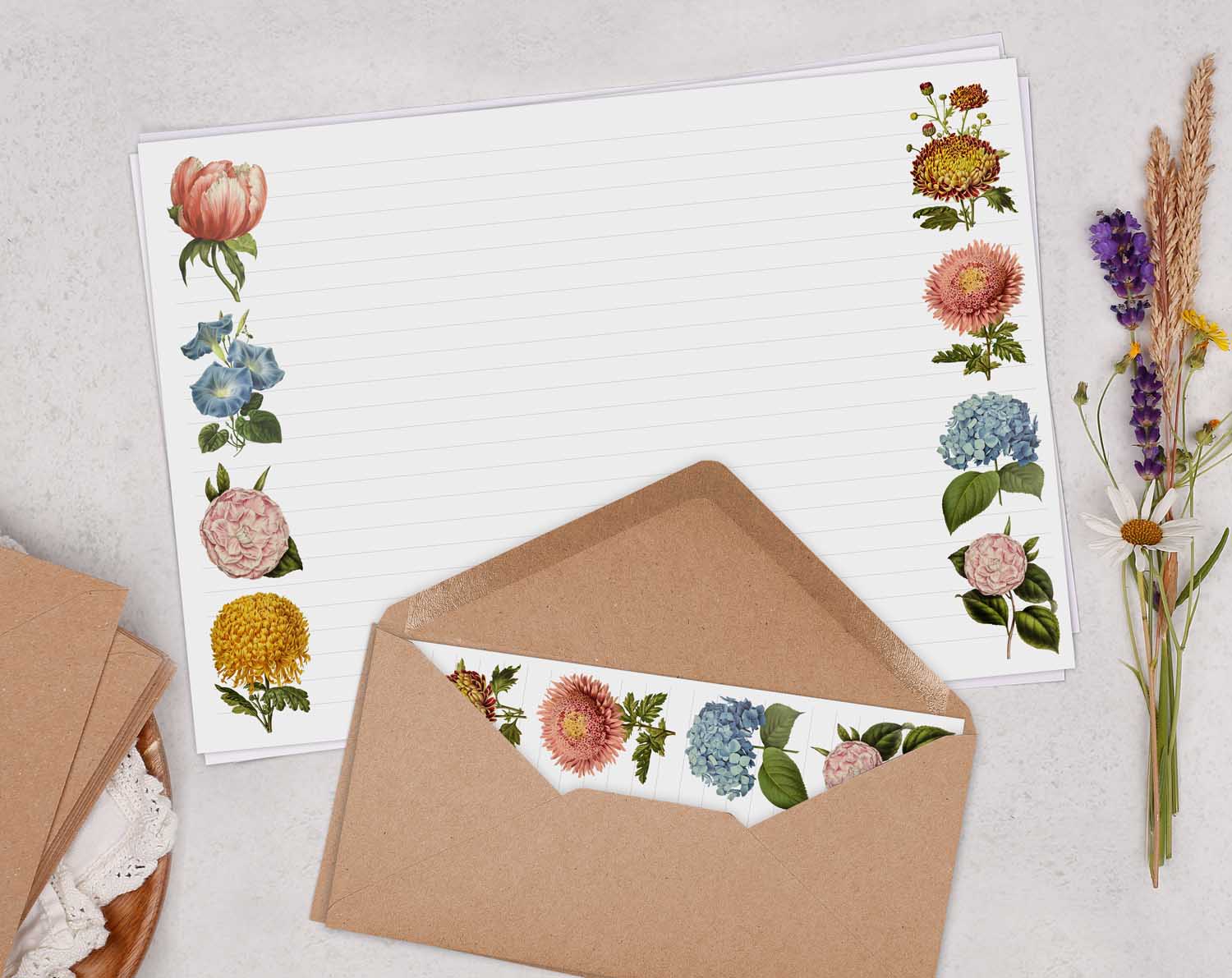 A4 Landscape Writing Paper With Vintage Florals. Stationery designed by Making Meadows