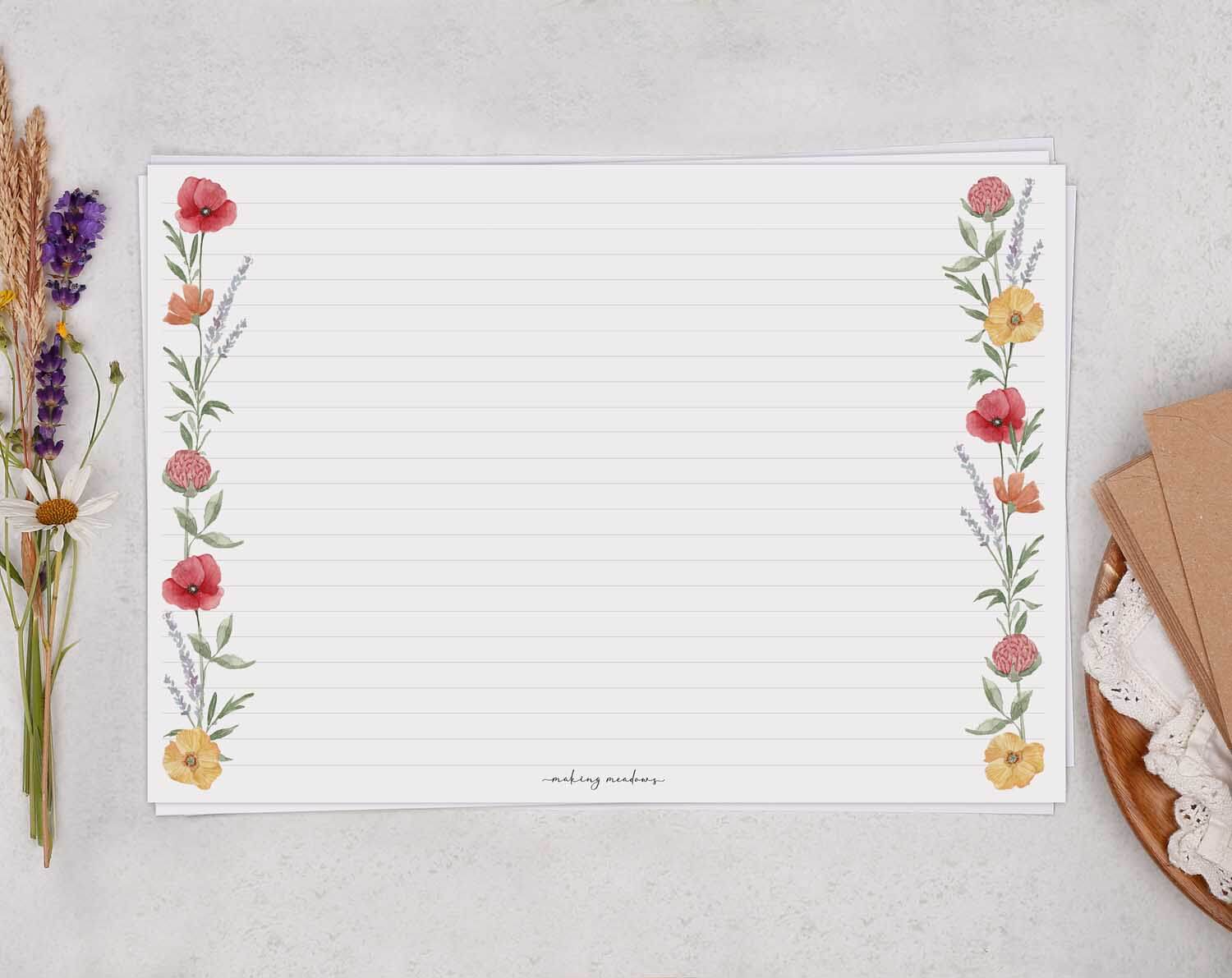 A4 Landscape Writing Paper With Watercolour Flowers. Stationery designed by Making Meadows