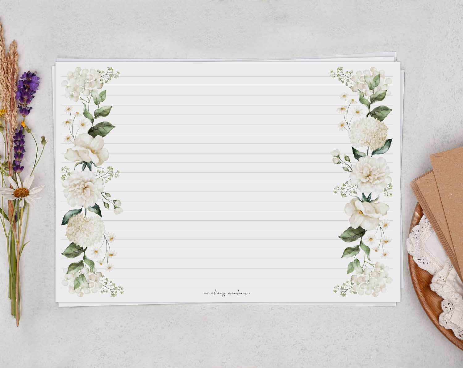 A4 Landscape Writing Paper With White Flowers. Stationery designed by Making Meadows