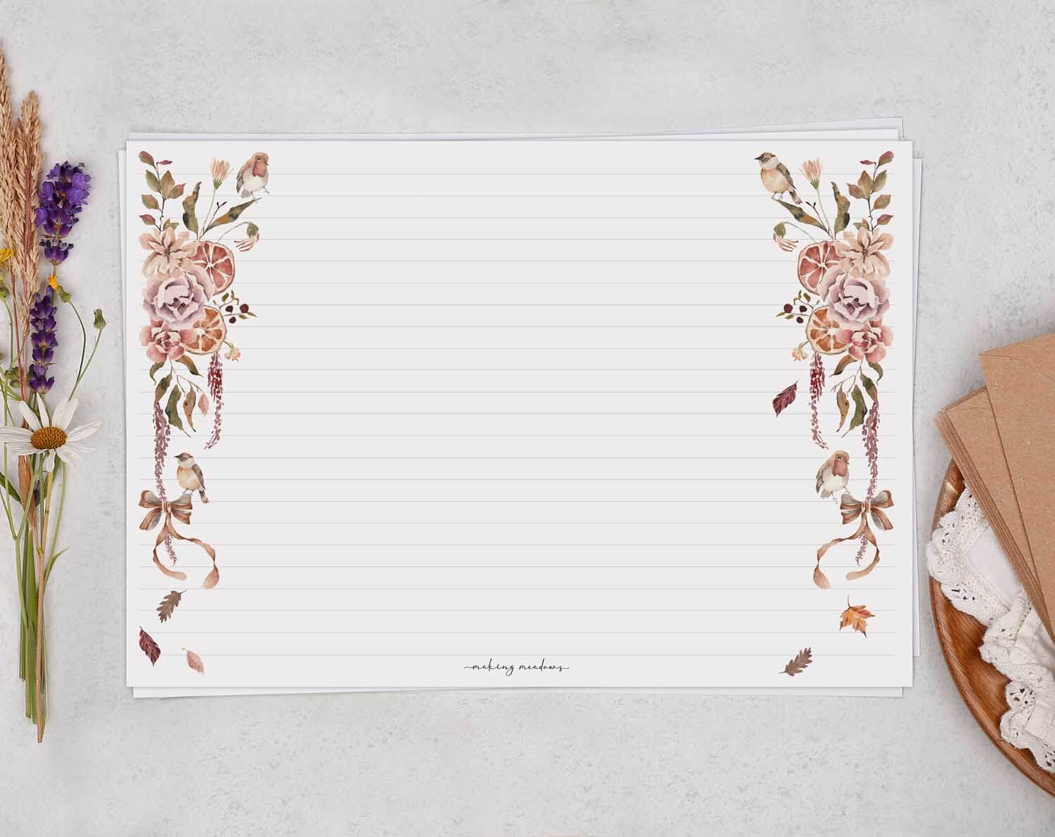 A4 Landscape Writing Paper With Winter Florals. Stationery designed by Making Meadows