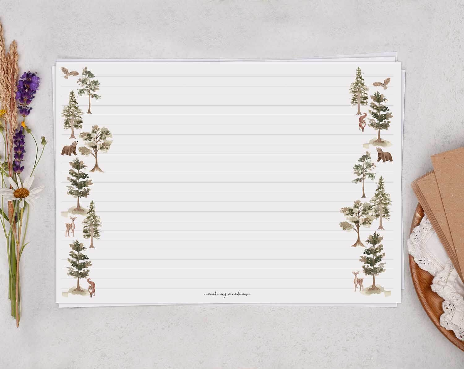A4 Landscape Writing Paper With Woodland Wilderness. Stationery designed by Making Meadows