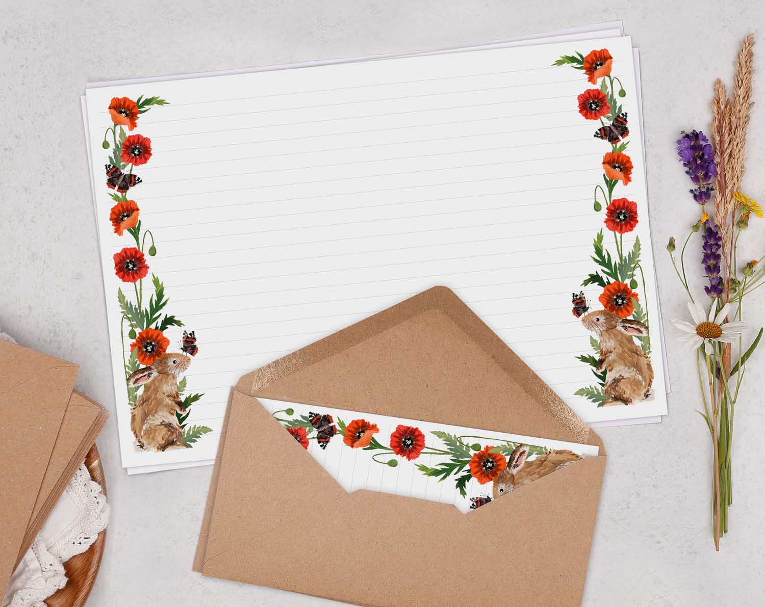 A4 landscape writing paper with rabbit & poppy