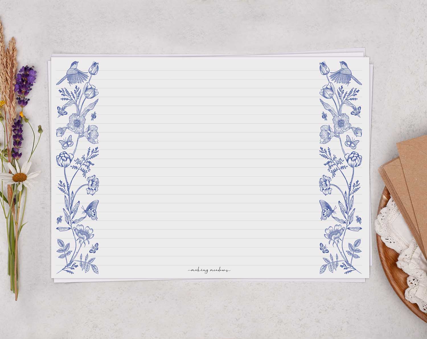 A4 Landscape Writing Paper With Blue Florals