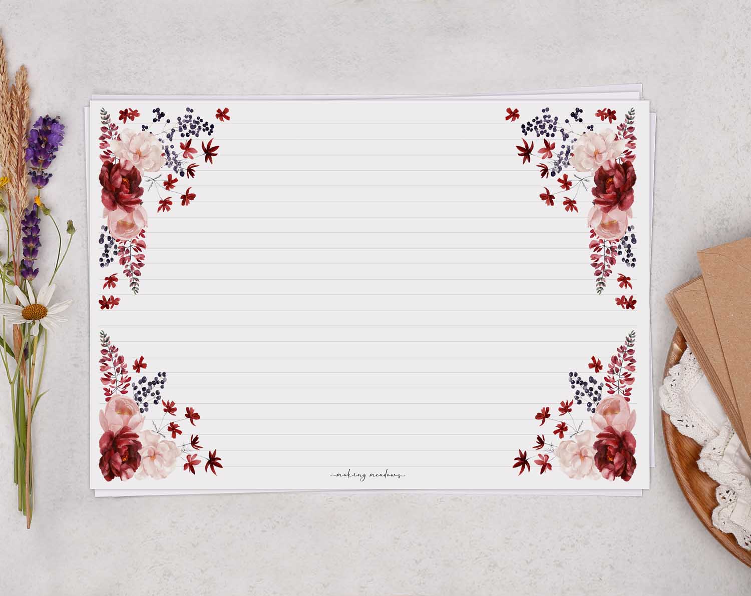 A4 Landscape Writing Paper With Red Flowers