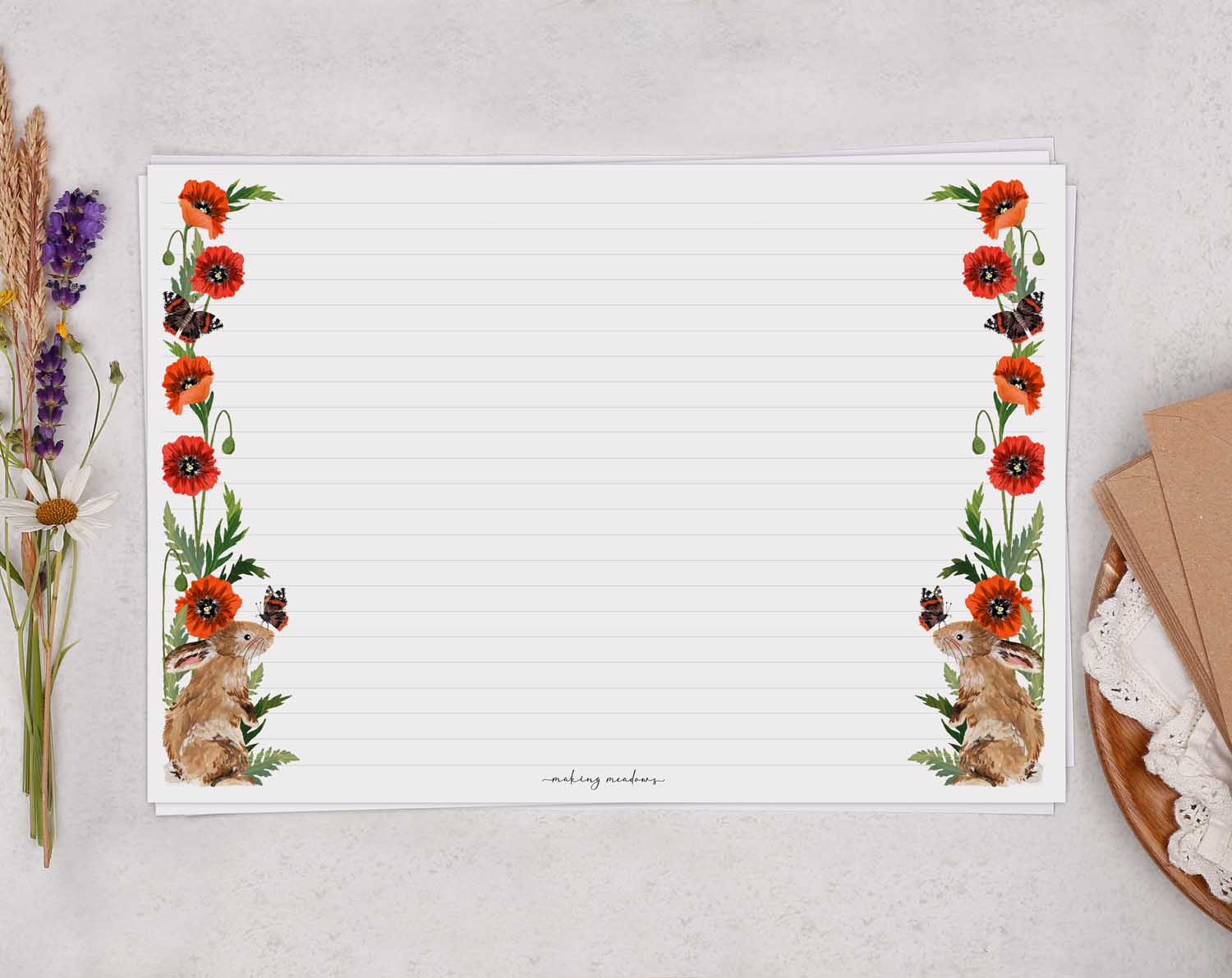 A4 landscape writing paper with rabbit & poppy