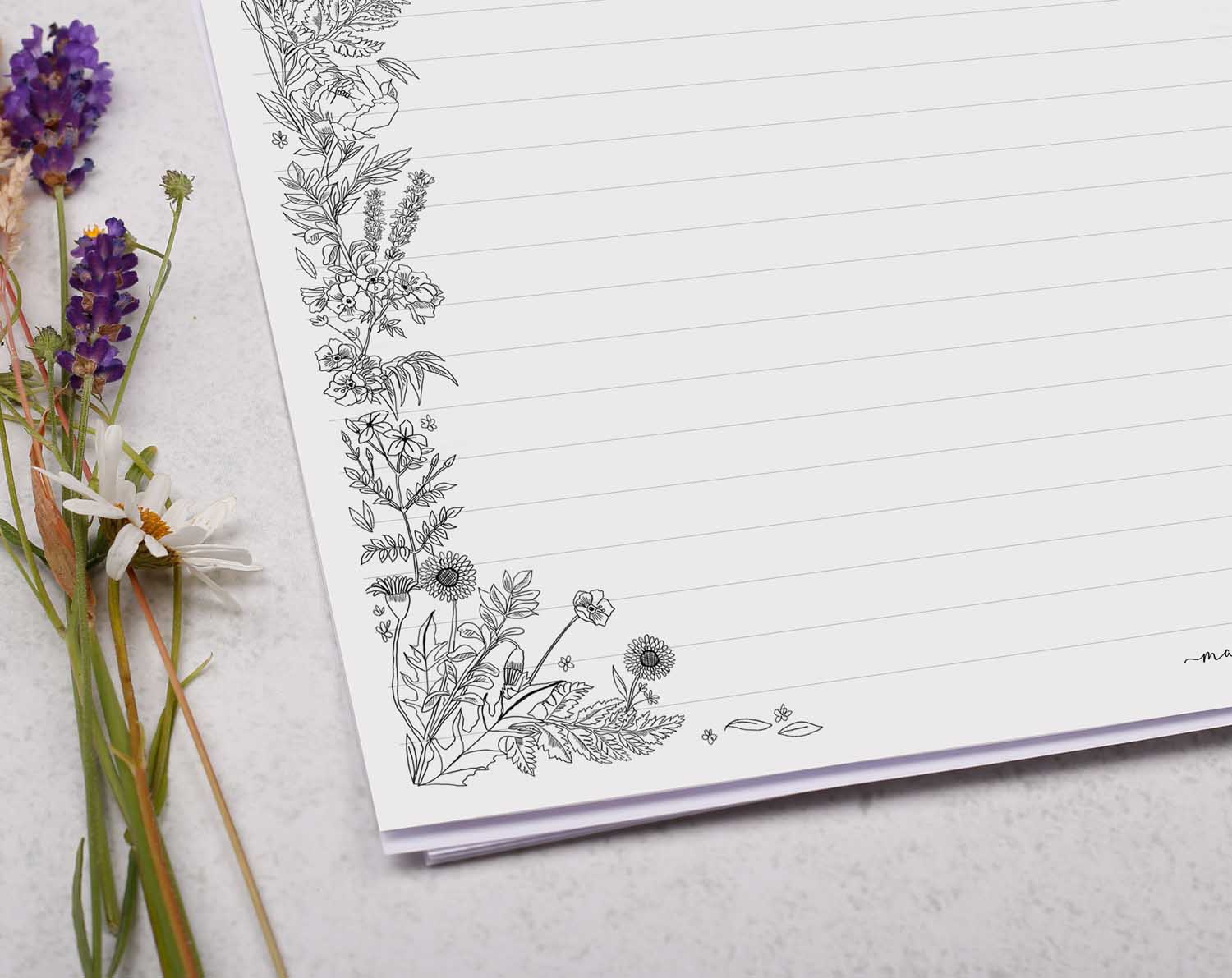 A4 Landscape Writing Paper With Monochrome Flowers