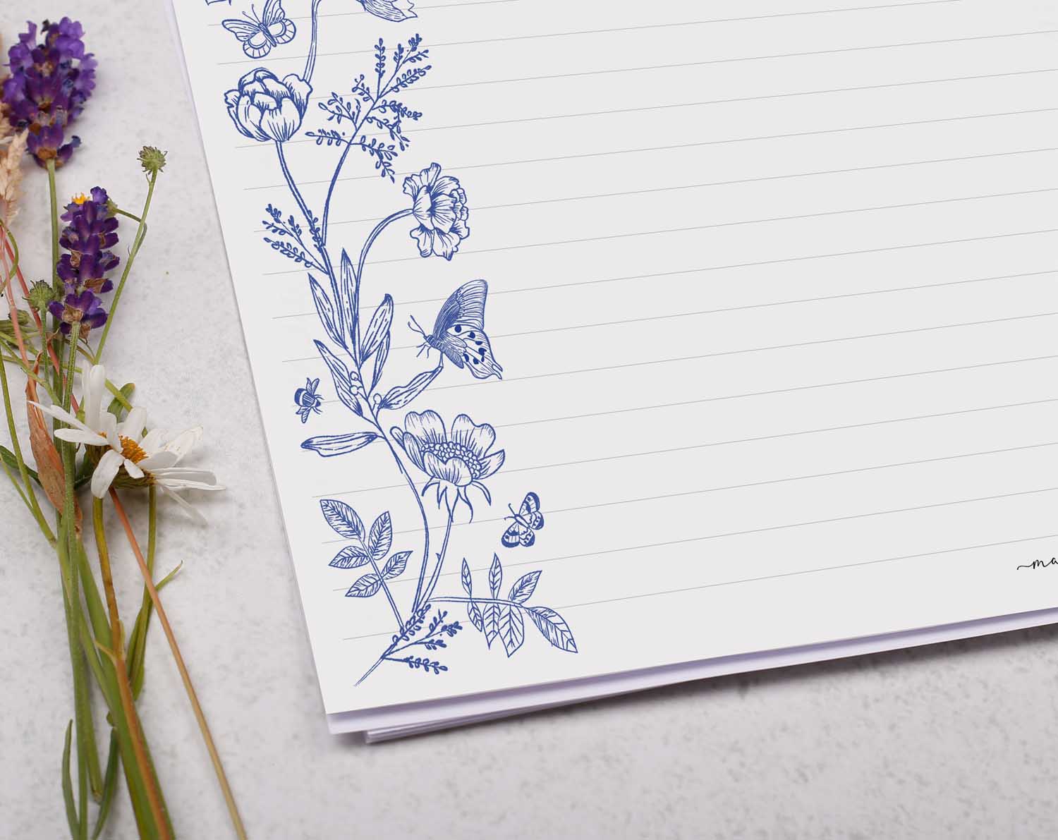 A4 Landscape Writing Paper With Blue Florals