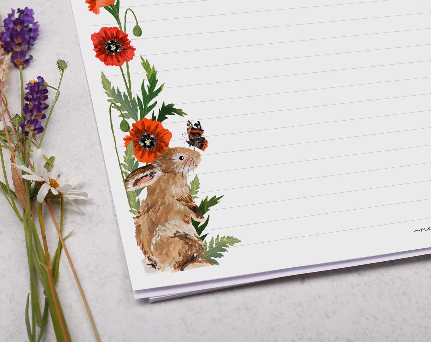 A4 landscape writing paper with rabbit & poppy